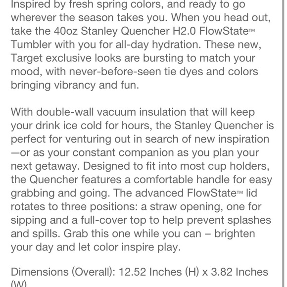 NWT Stanley Quencher H2.0 Tumbler 40oz/1.28L Limited Edt Color-Wisteria Tie Dye - Picture 5 of 6